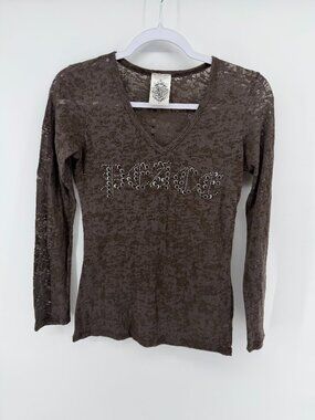 Vocal Apparel Brown Peace Rhinestone Long Sleeve Burnout V-Neck Top Y2K